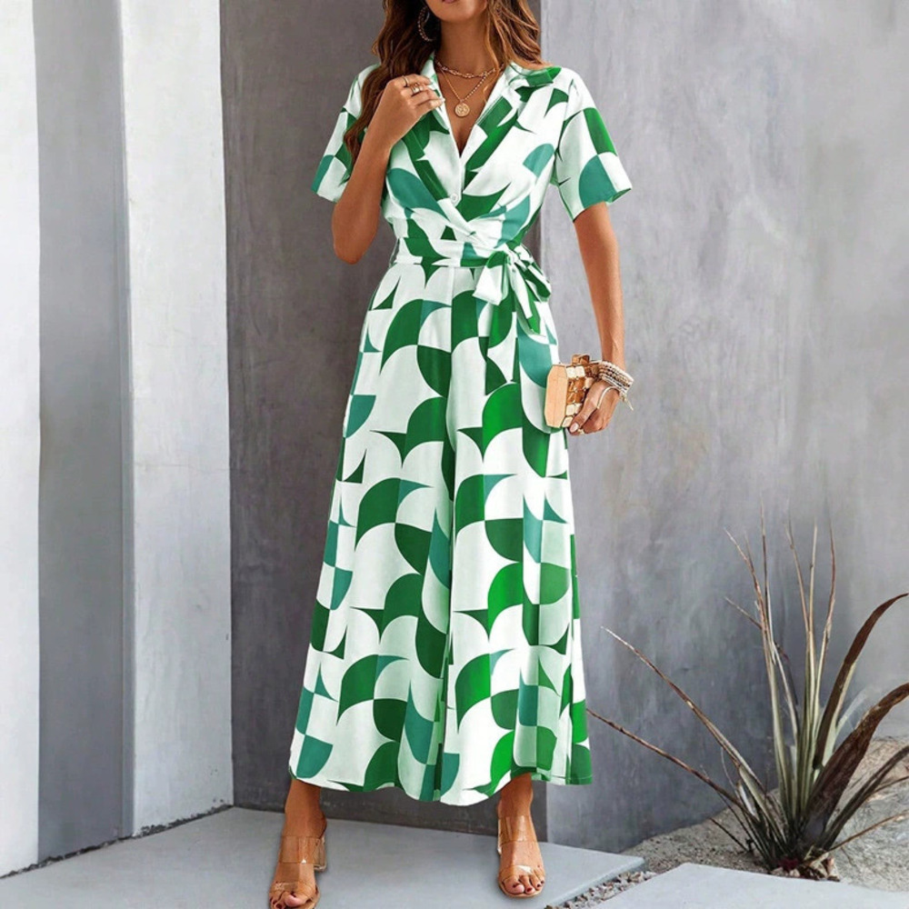 Zara Kaikuo Short Sleeve Color Block Print High Waist Jumpsuit